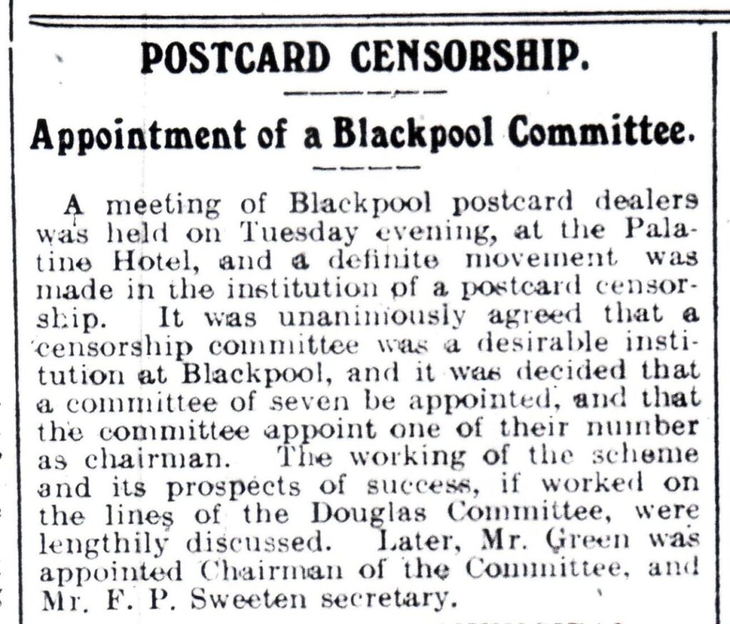 Appointment of a Postcard Censorship Committee, reported in the Blackpool Herald on 3 May 1912