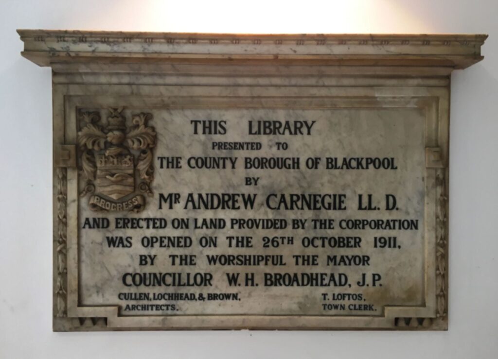 Dedication plaque at the entrance to Blackpool Central Library
