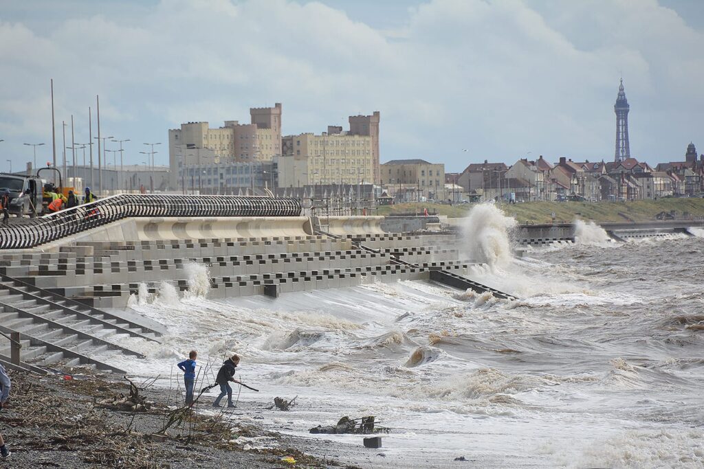 The stepped sea wall at Cleveleys meets the different design at Anchorsholme. 