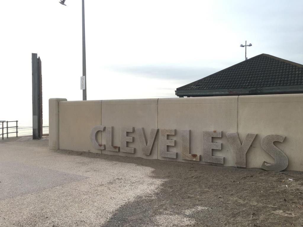 Welcome to Cleveleys - stone letters on the promenade where Anchorsholme ends