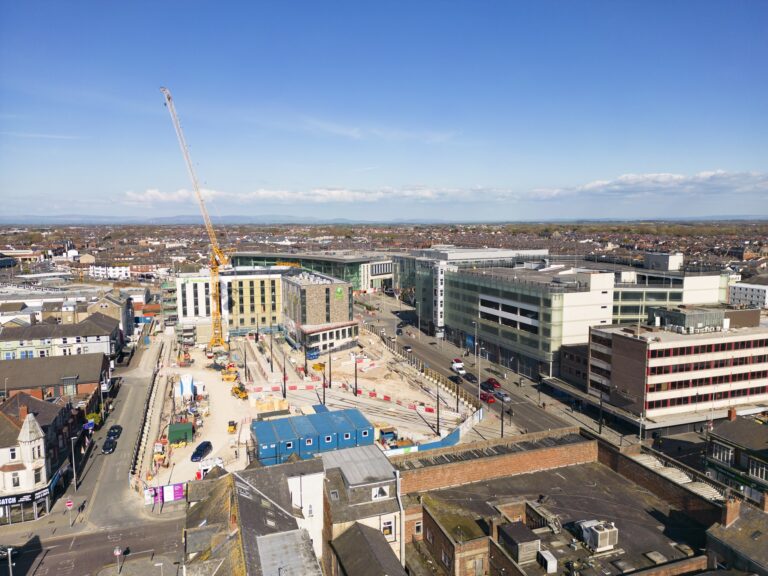 Aerial View of the tramway extension and Holiday Inn, Phase 2 of the Talbot Gateway development. Photo: Blackpool Council