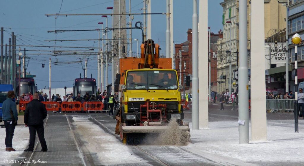 A rather unusual sight in May, Unimog 939 using its rotary brush attachment to clear the tram tracks of snow (albeit artificial) on 7th May.