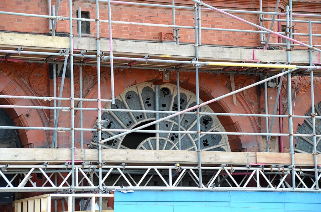 Stained glass windows on the front of Blackpool Tower. Photo taken in August 2011 before the front of the building was boarded off for restoration works to begin.