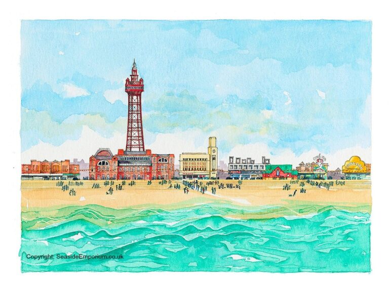 Blackpool Seafront and Tower Festival Headland, watercolour painting from Seaside Emporium