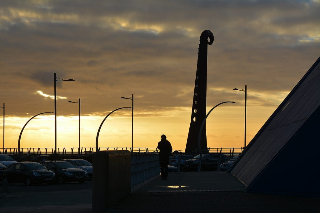 Sunset at Blackpool. See the Wave Organ in this photo, near the Sandcastle Waterpark