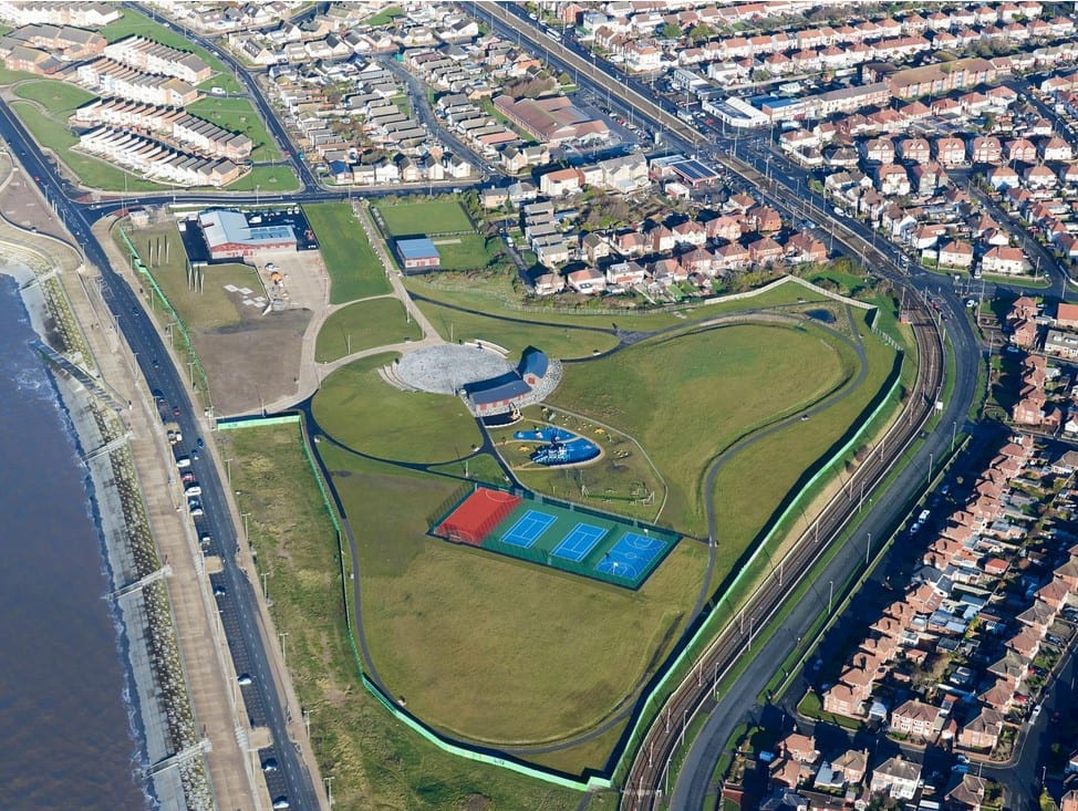Aerial view of Anchorsholme Park and seafront in March 2020