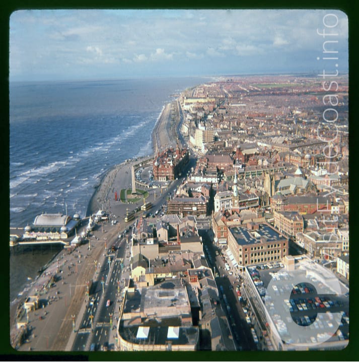 Aerial view of Blackpool seafront, looking north from the top of the Tower
