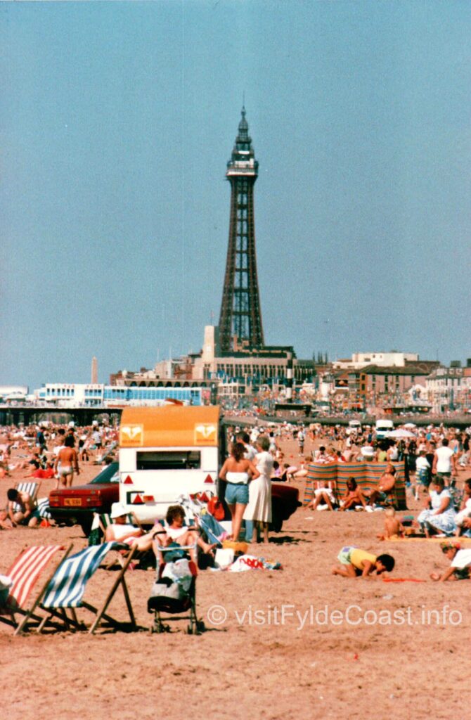 Blackpool beach in the 1980's when deckchairs were popular