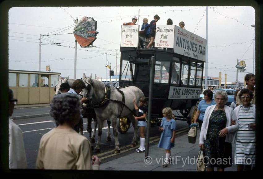 Horse drawn bus on Blackpool promenade in the 1970s