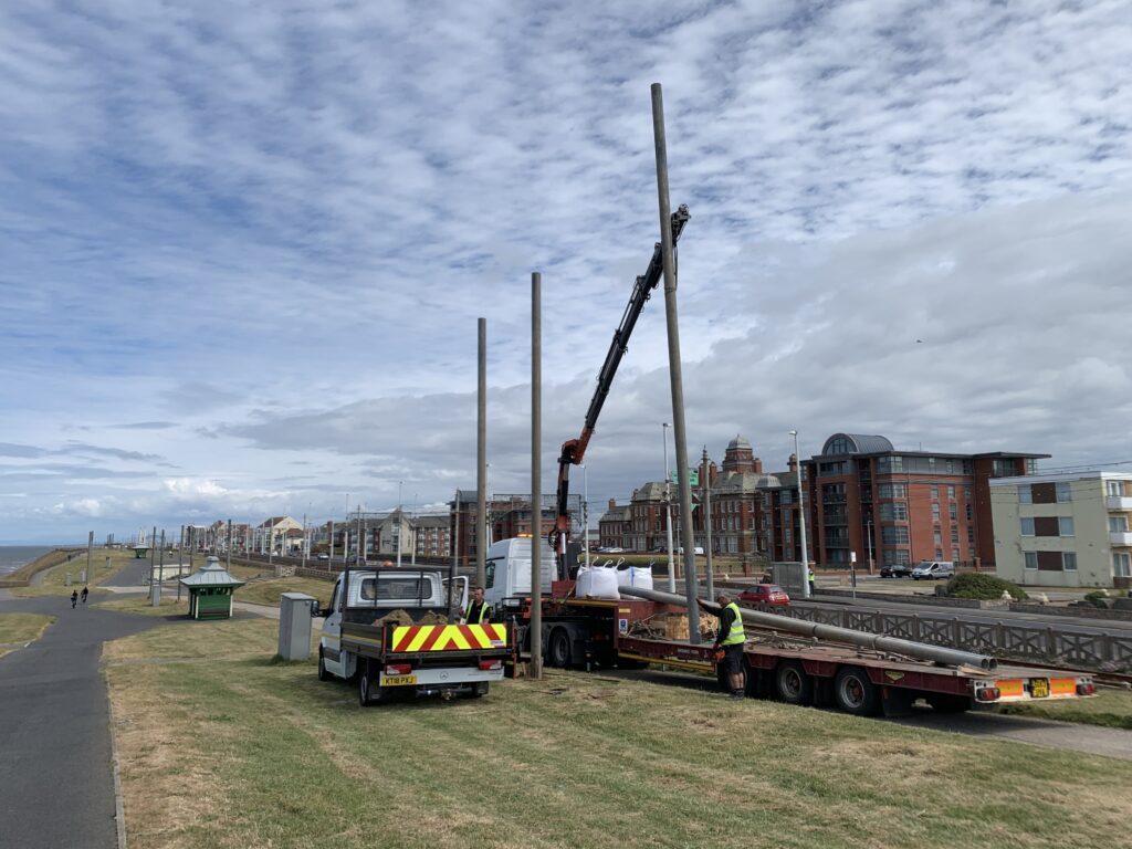 Installing poles for the Blackpool Illuminations tableaux