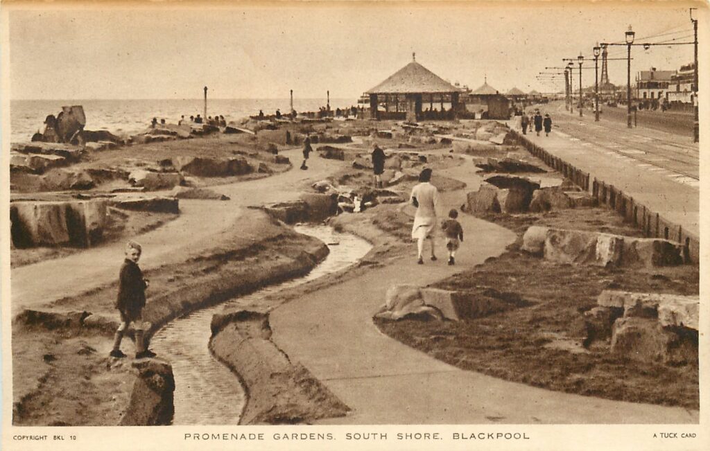 The promenade gardens at South Shore in 1948. Tuck Postcards