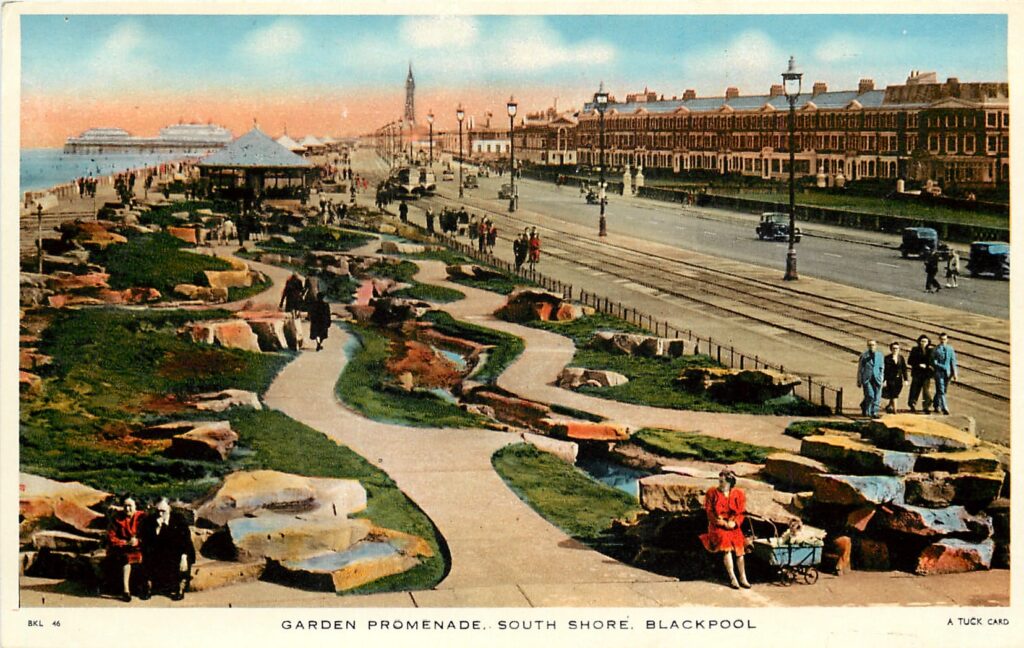 Gardens on the Promenade at South Shore in 1949. Tuck Postcards