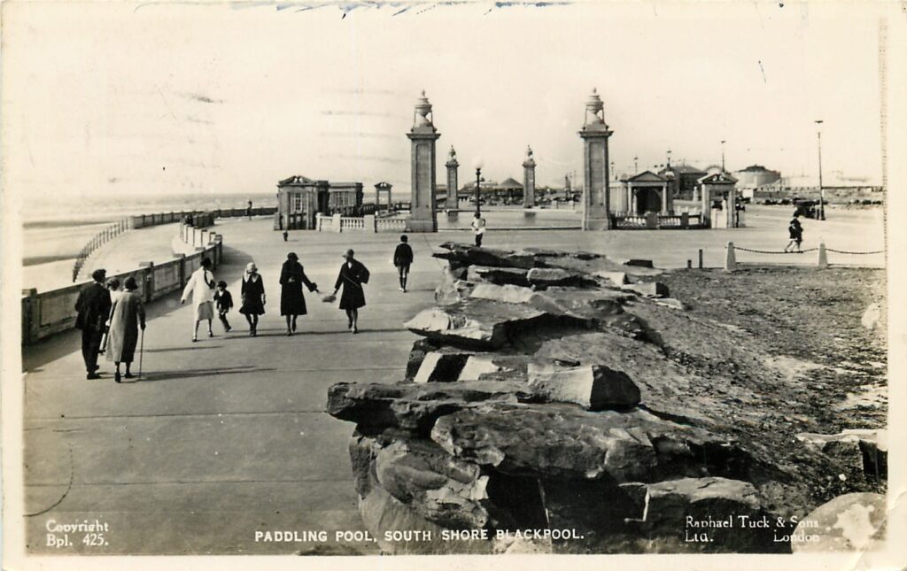 The paddling pool at Blackpool South Shore in 1936. Tuck Postcards