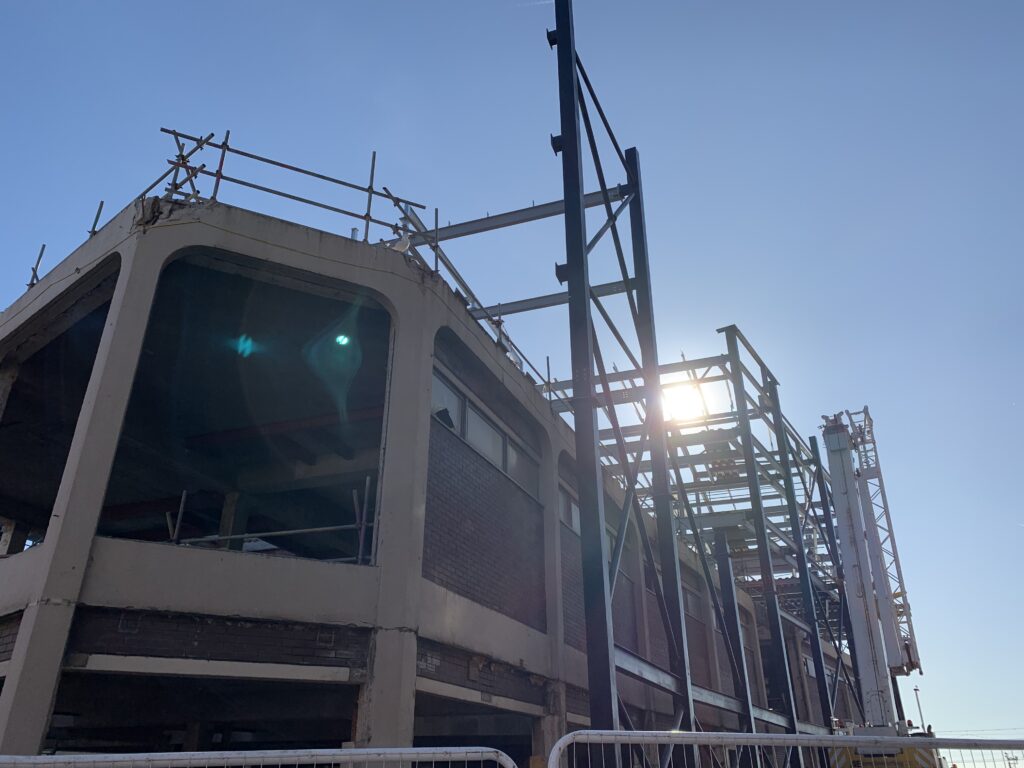 Building the new steelwork around the old concrete skeleton in September 2019