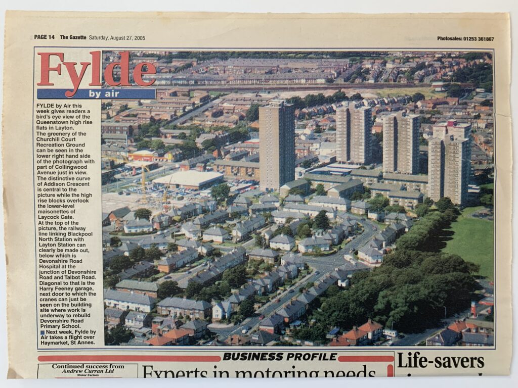 Aerial photo of Queen's Park Flats, published in the Blackpool Gazette, 27 August 2005