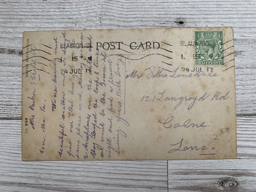 1917 Postcard from Blackpool to Colne, thanks to Tibor Lukas in Canada