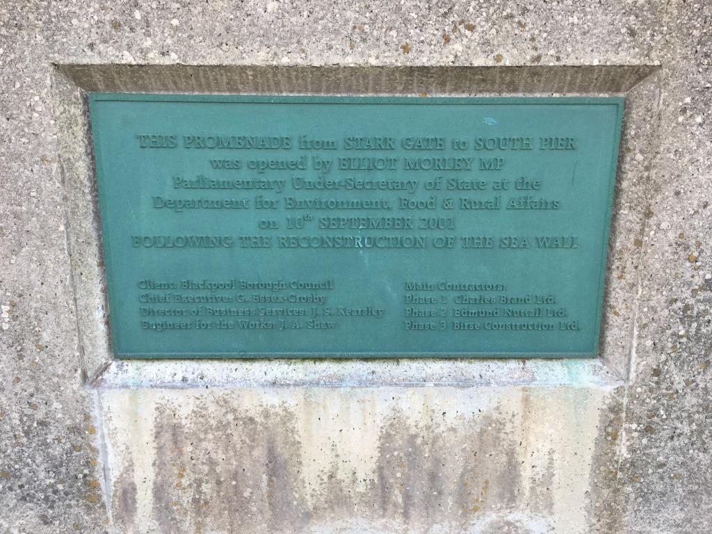 Plaque to dedicate the opening of the sea wall at Blackpool South Shore in 2001