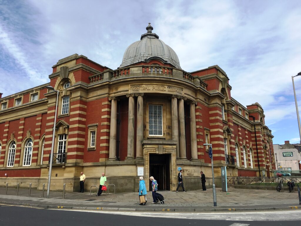 Entrance to Blackpool Central Library, Grundy Art Gallery is at the end building at the right hand side