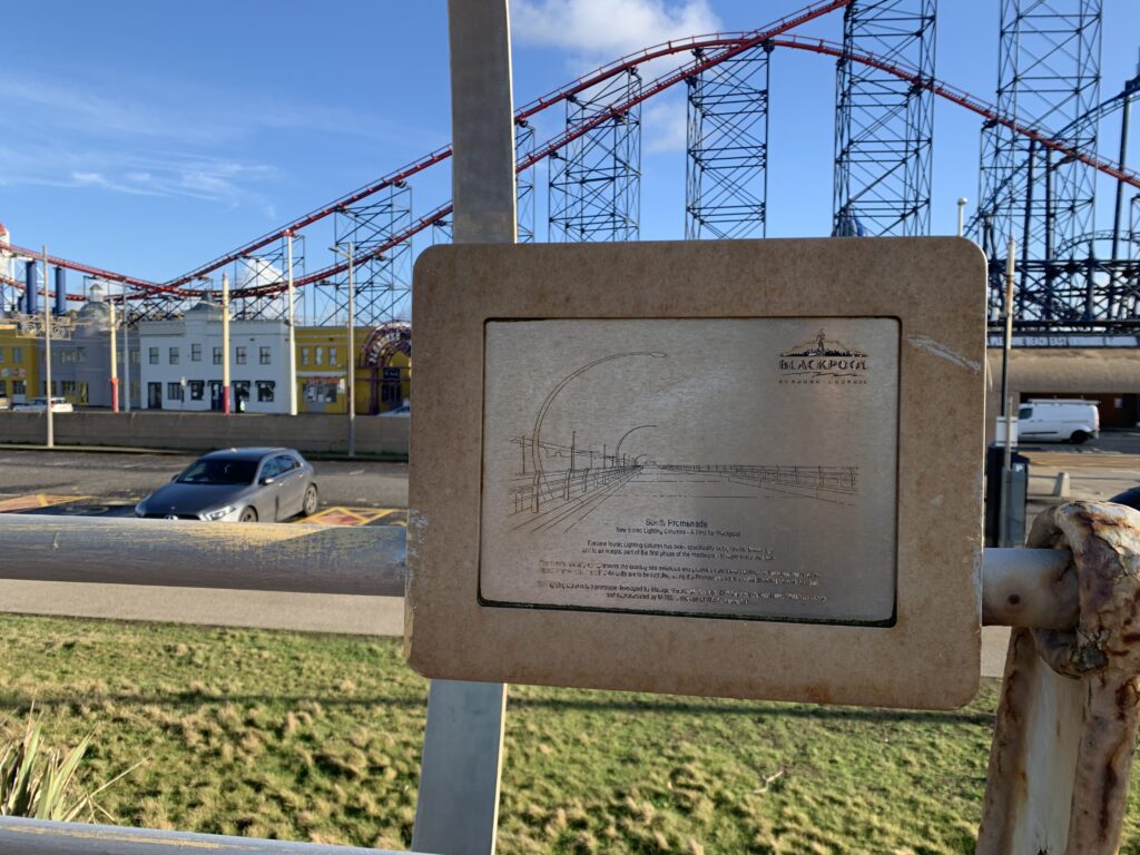 Plaque to the architectural lighting columns, find them illuminating the Blackpool New South Promenade Artwork Trail