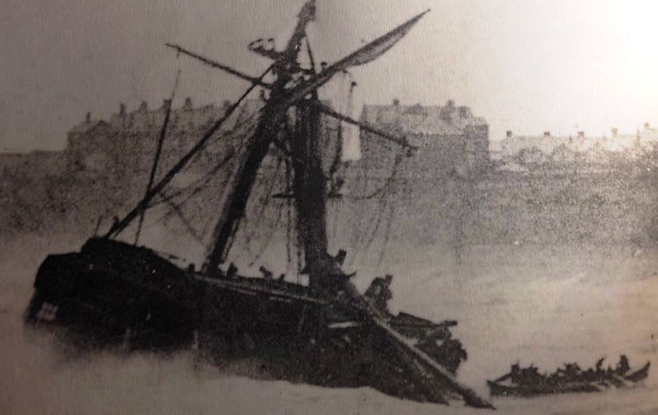 The towns Samuel Fletcher lifeboat pulling away, having taken the crew of 28 off the vessel. Photo: RNLI