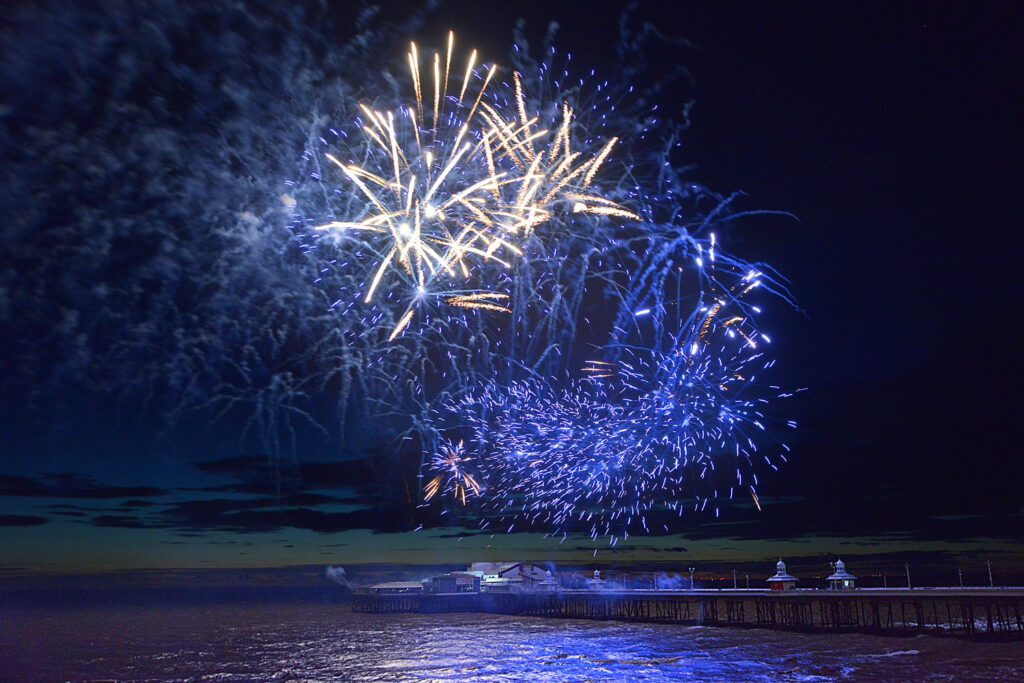 Fireworks seen from Blackpool North near Shenanigans Bar by Des and Val Gardner