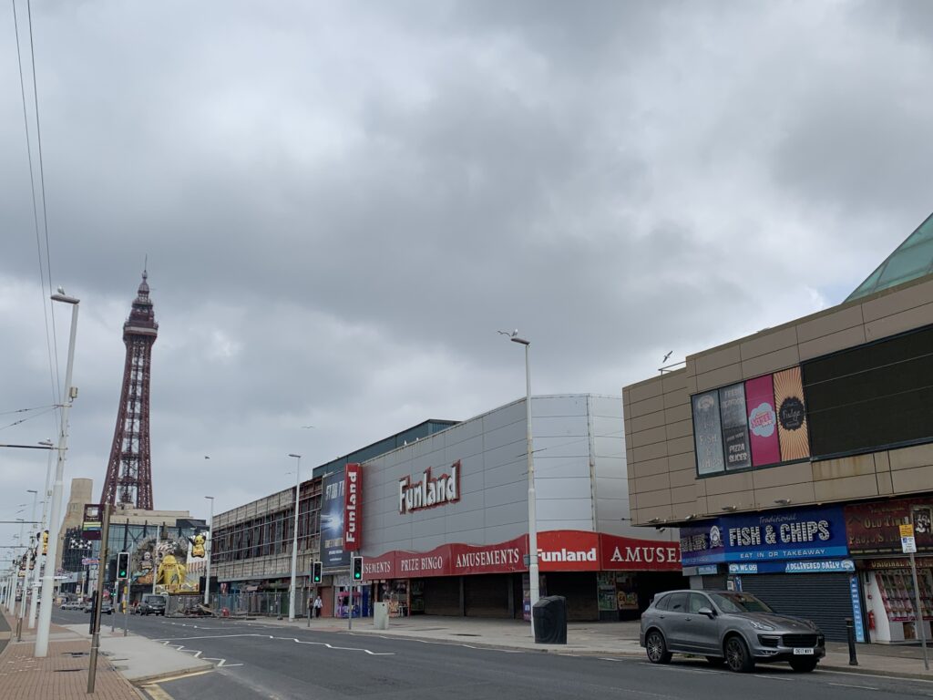 Blackpool promenade between Golden Mile amusements and Funland