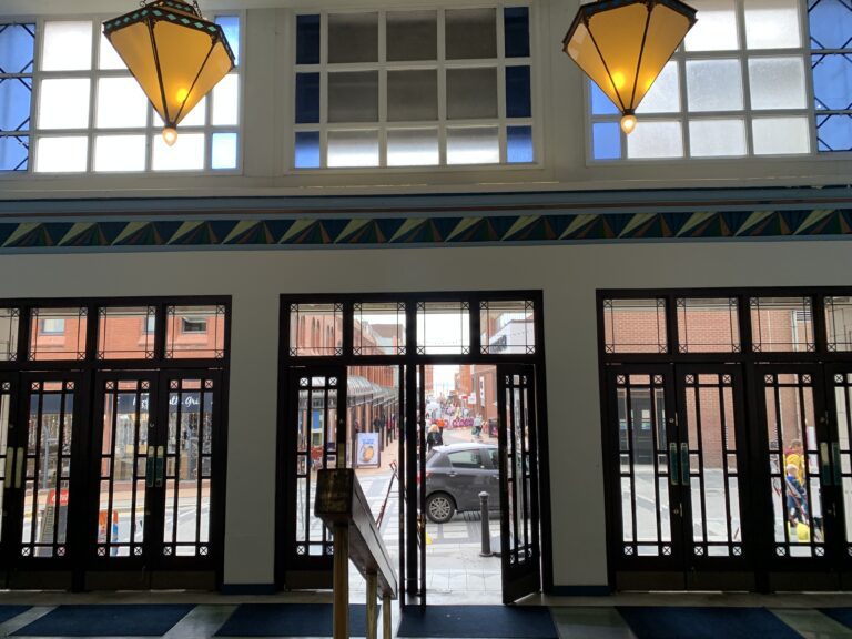 Restored side entrance doors at Winter Gardens