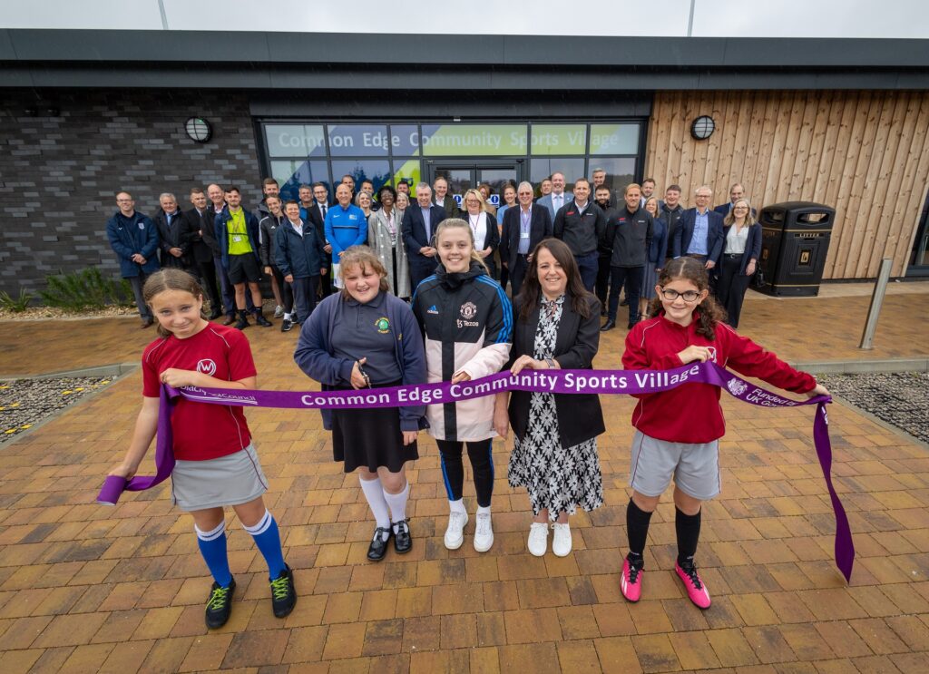 L-R Ellen Wolf, Charlie Dusic, Jess Simpson, Cllr Jo Farrell and Lia Thain opening the new Common  Edge Community Sports Village