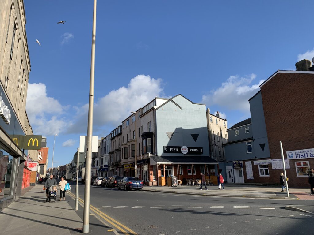 Albert Road Blackpool behind Coral Island with McDonalds on your left