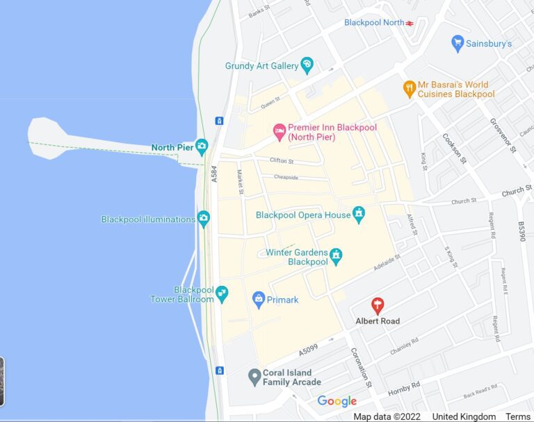 Google map showing location of Albert Road, Blackpool