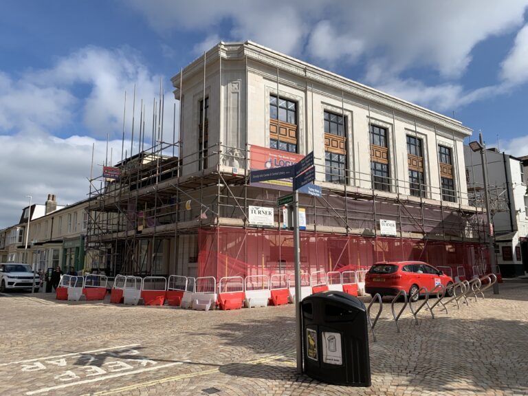 The big reveal of the refurbished Cedar Tavern when scaffolding started to come down in August 2021