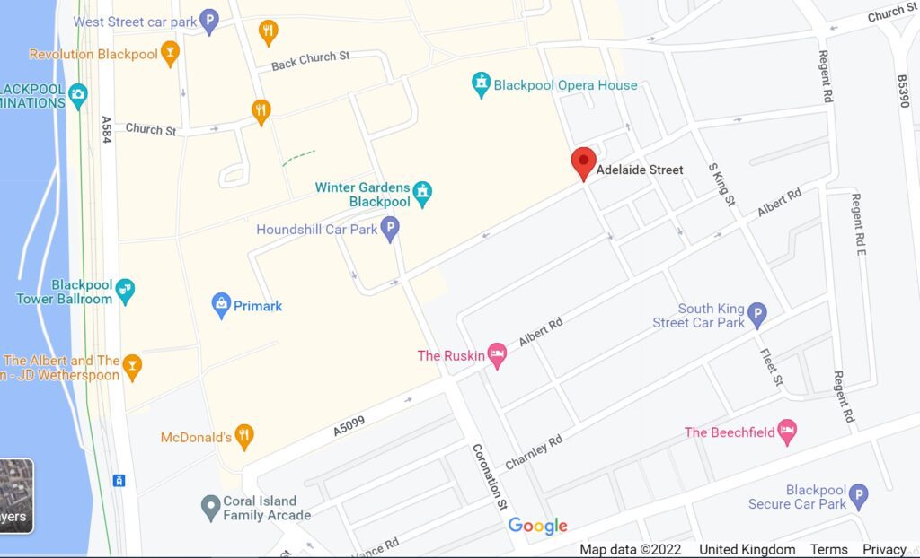 Google map showing location of Adelaide Street Blackpool