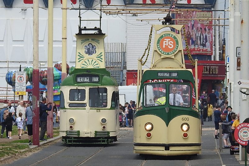Open boat No.600 has safely crossed the running lines just south of Central Pier to head south to Pleasure Beach, whilst Brush car No. 631 from 1937 waits it turn to repeat the exercise.