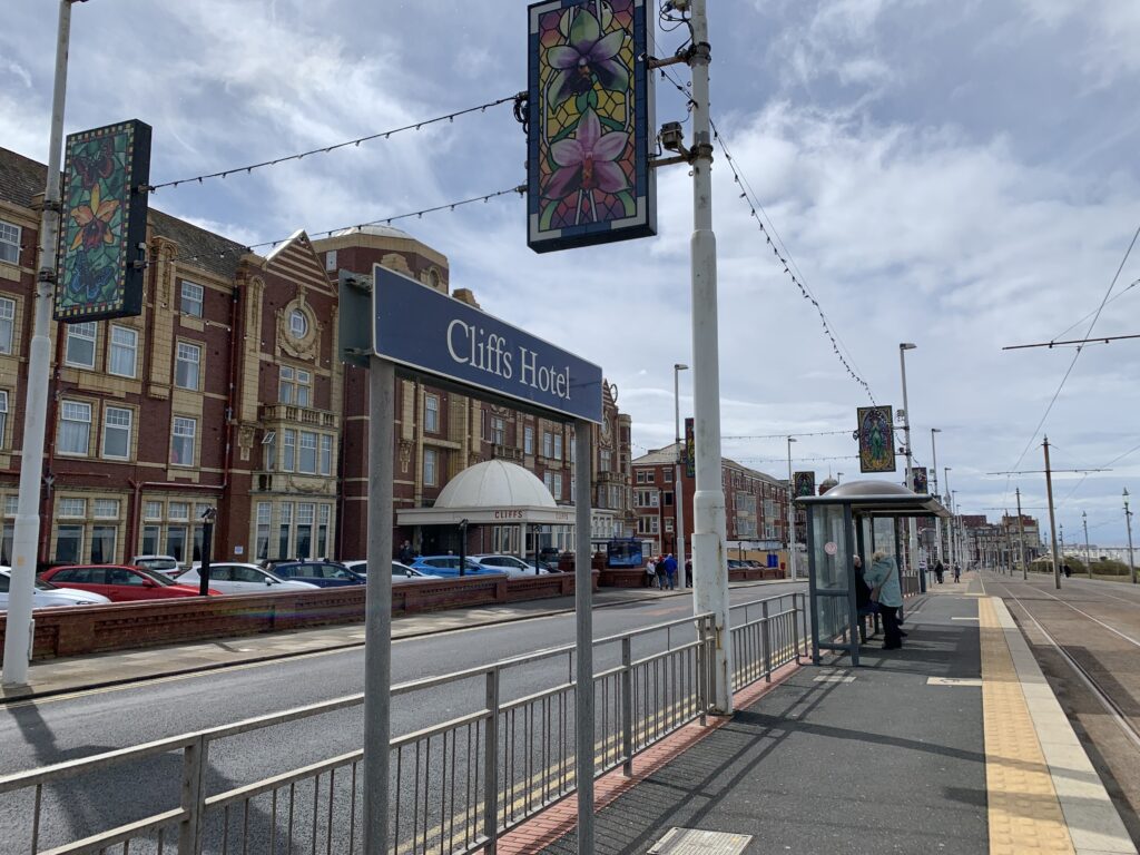 Queen's Promenade tram stop outside the Cliffs Hotel