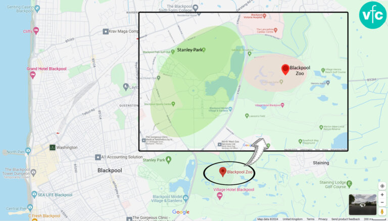 Google map showing location of Blackpool Zoo, near Stanley Park