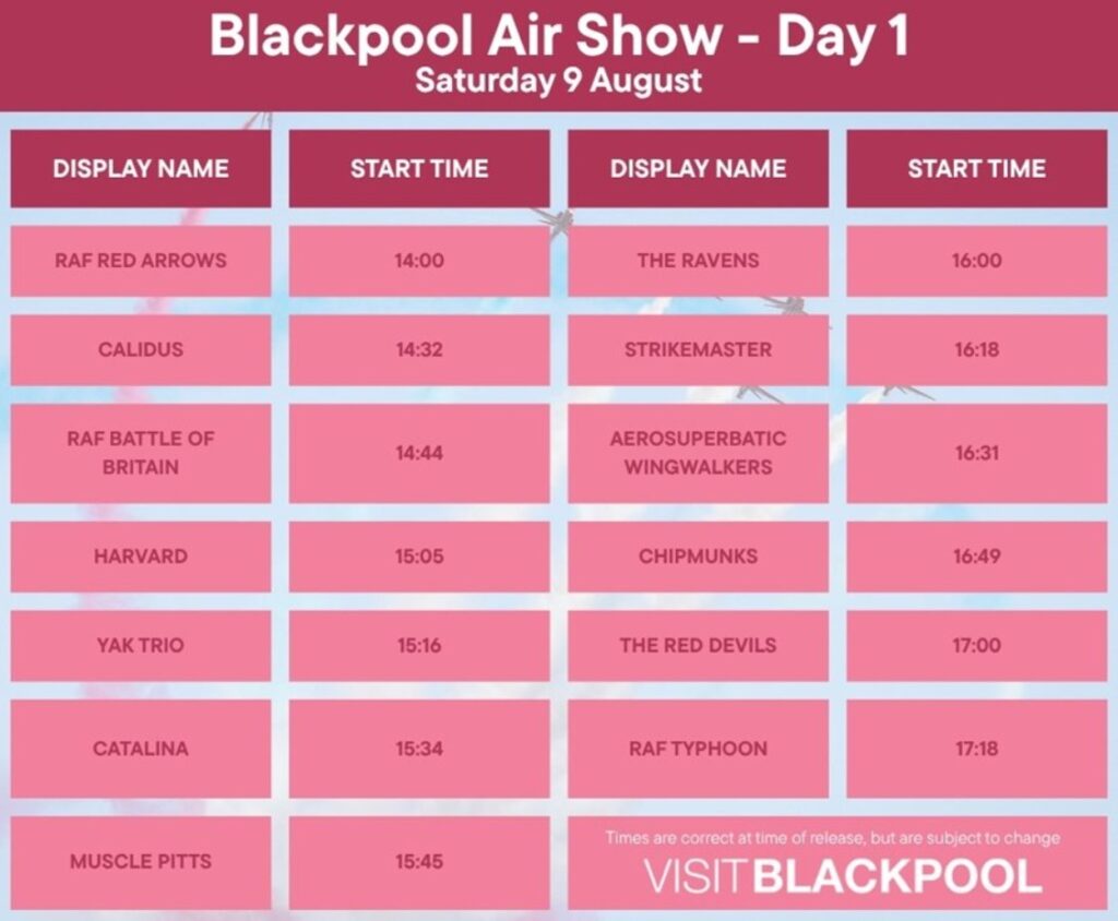 Blackpool Air Show Display Times - Saturday 9 August 2025