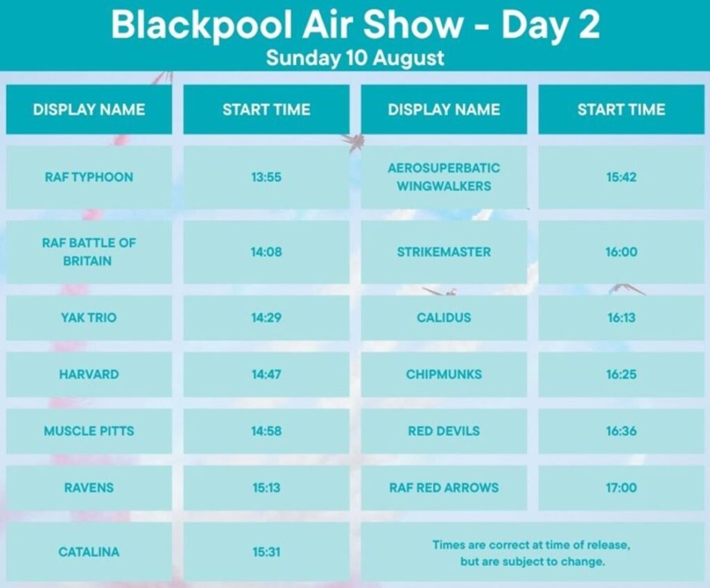 Blackpool Air Show Display Times - Sunday 10 August 2025. Credit: VisitBlackpool