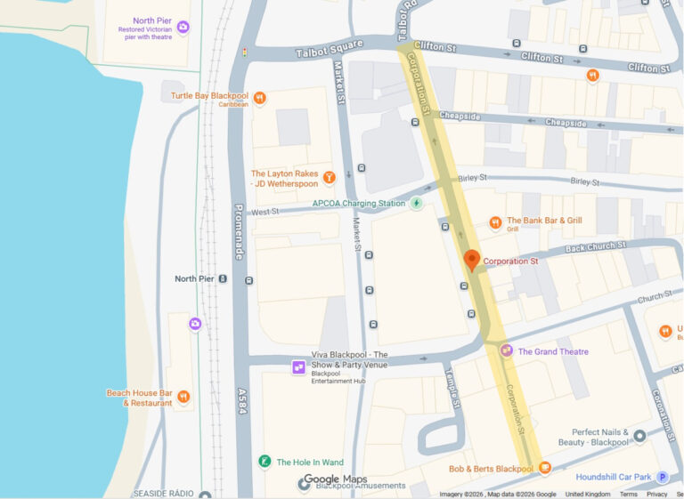 Google Map showing location of Corporation Street Blackpool. Click on it to explore